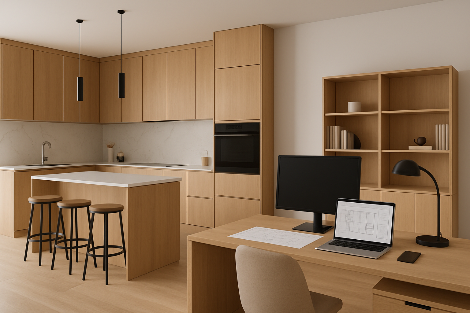 Espace de travail et cuisine moderne